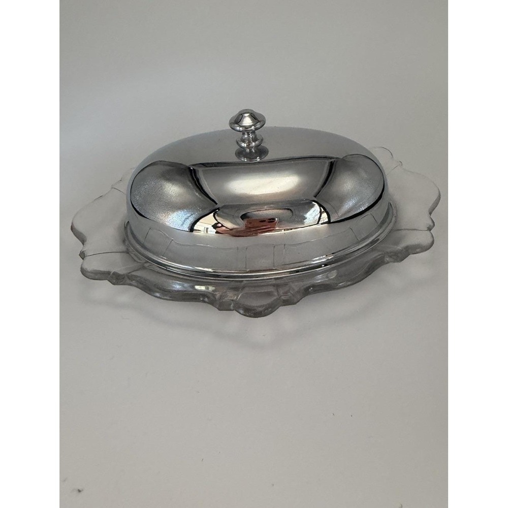 Vintage Cambridge Glass Butter Dish Silver‎ Plated Lid Original Label